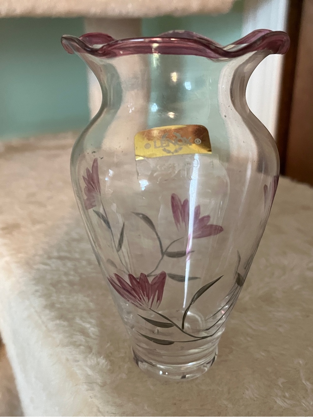 Lenox Hand-Painted Pink Rim Glass Vase with Floral Motif
